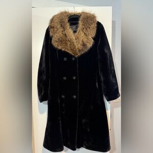 VTG Fairmoor Borgazia Faux Fur Coat Real Fur Collar Black Long
